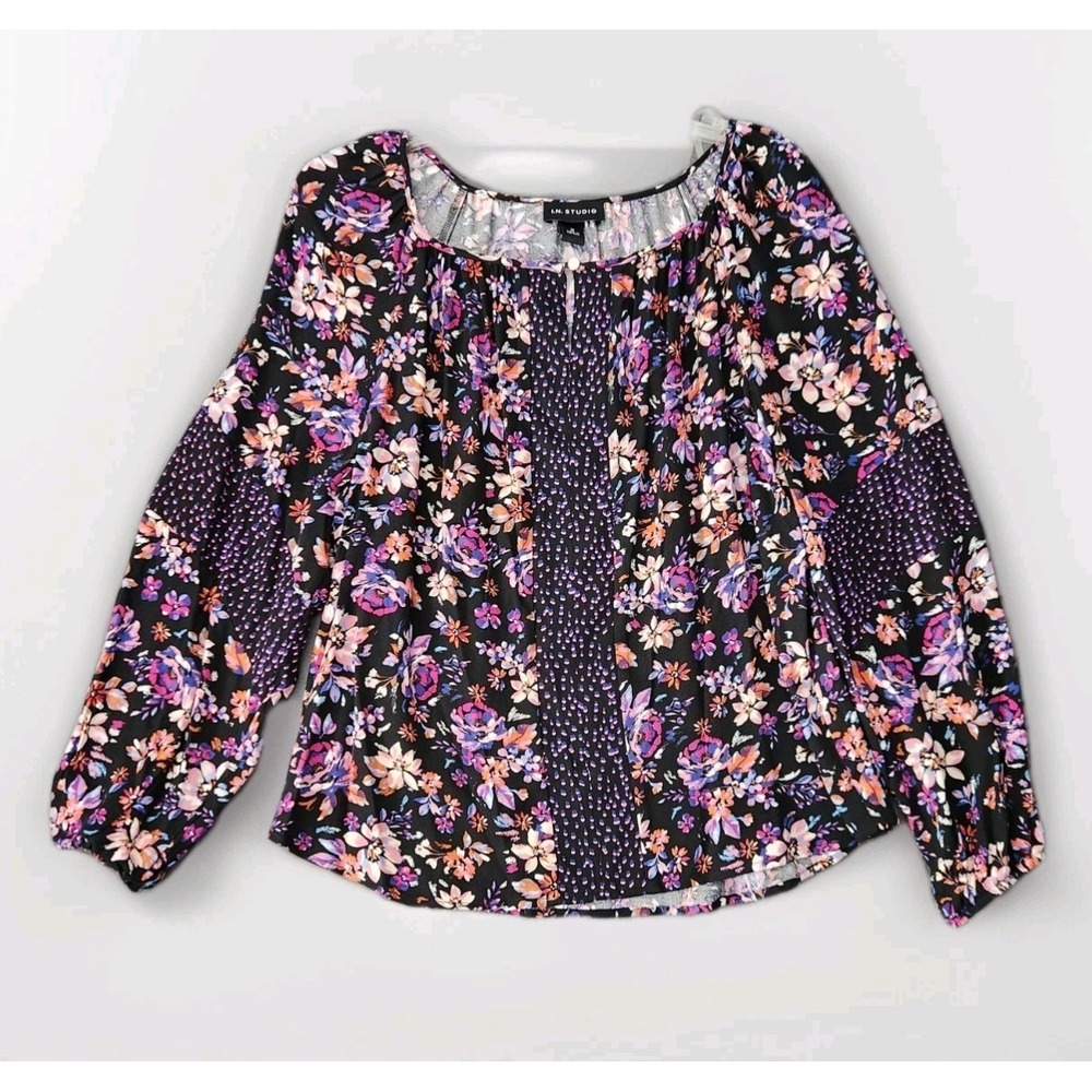 I.N. Studio Peasant Boho Floral Rayon Tunic Top Long Sleeve Artsy Women's Sz M